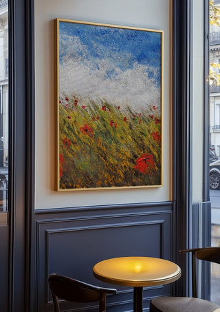 Coquelicots by GAHO in an oak frame on a panelled café wall