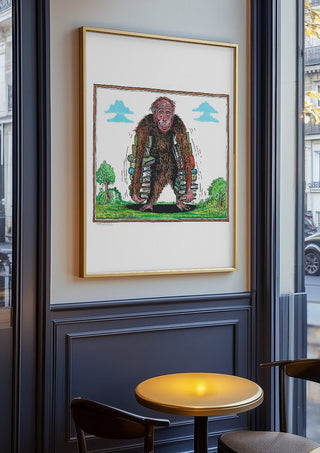 Ape with Books by Waldemar Mandzel in an oak frame on a panelled café wall