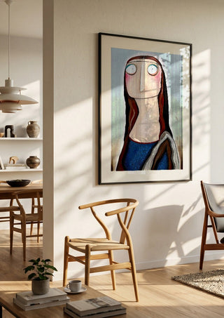 Mona Lisa by lacaluna in a black frame in a bright dining room with wooden chairs