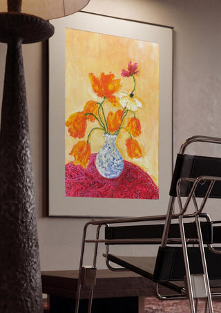 November Tulips by Deblina Dey framed in a dim room beside a tubular steel chair