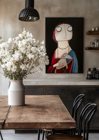 Die Dame mit dem Hermelin by lacaluna in a black frame above a rustic table with white flowers
