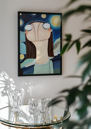 Reklamation Sternenhimmel by lacaluna in a black frame above a glass table with crystal glassware