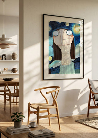 Reklamation Sternenhimmel by lacaluna in a black frame in a bright dining room with wooden chairs