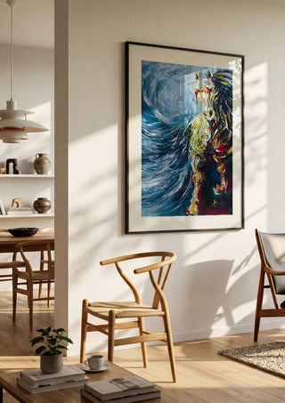 Undefined feeling by Tonia in a black frame in a bright dining room with wooden chairs