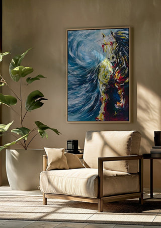 Undefined feeling by Tonia framed above a beige armchair beside a potted plant