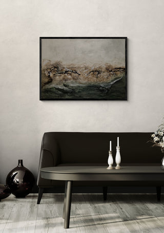 Breath of nature by Sabine Halbrock in a black frame above a dark sofa with white candlesticks