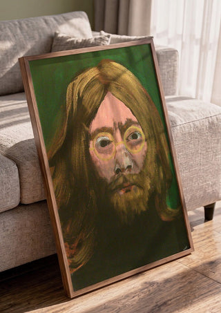 Lennon by Ian Frederick Harris in a walnut frame leaning against a grey sofa