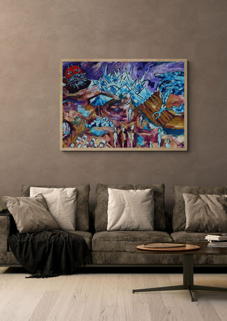 To the ends of the world by Will Black in an oak frame above a grey sofa with cushions