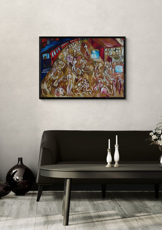 Leeds Train Station by Will Black in a black frame above a dark sofa with white candlesticks