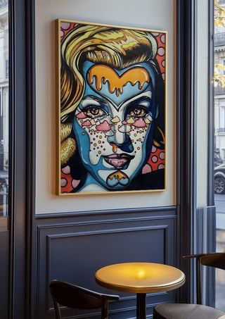 Marylin Monroe by Okiana in an oak frame on a panelled cafe wall