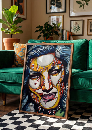 Lauren Bacall by Okiana in a wooden frame beside a green velvet sofa on a chequered floor