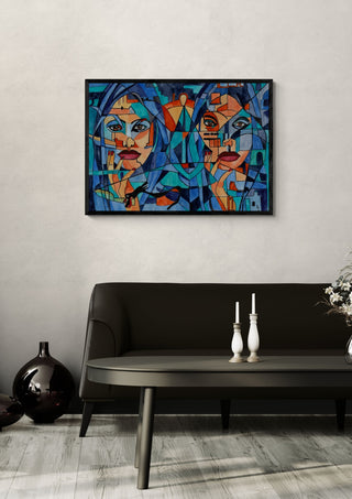 Daddy and his daughters by Vera Louise Boldt in a black frame above a dark sofa with white candlesticks