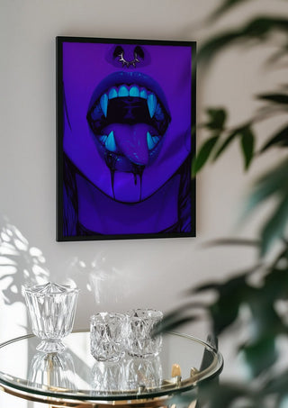 I dont bite. Much. by Melancholy Machinations in a black frame above a glass table with crystal glassware