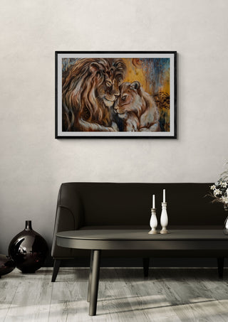 Protective Instinct by Elisa Kay framed above a dark sofa with white vases