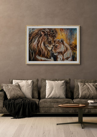 Protective Instinct by Elisa Kay in a white frame above a grey sofa with cushions