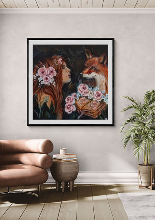 Anne´s Fox encounter by Elisa Kay framed above a tan armchair beside a potted plant