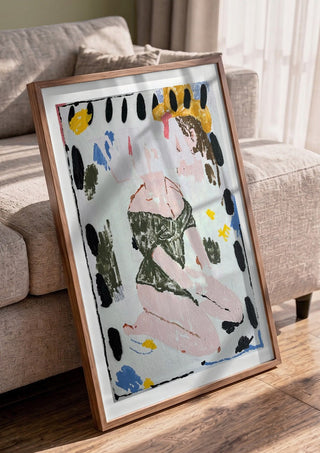 VISA OWNS MY EYES by Oscar Birch in a walnut frame leaning against a grey sofa
