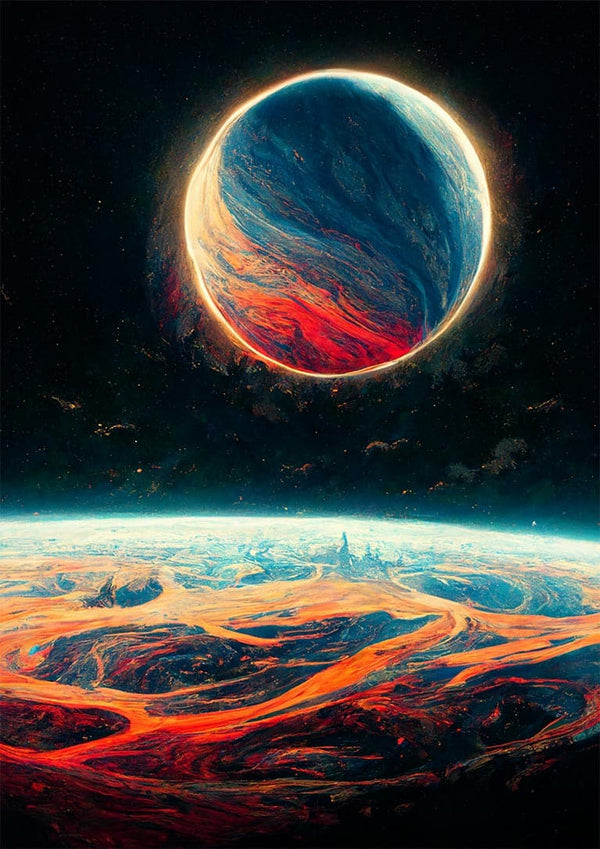 Colorful planet in space above a swirling, vivid landscape; cover art for Winnie Møller - Planeter i rummet.
