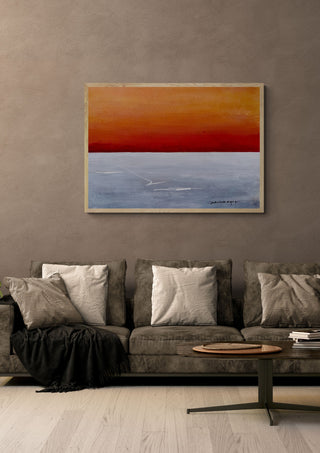 Golden Glow by Marina Agre in an oak frame above a grey sofa with cushions