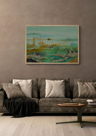 UnderWaterWorld by Eledina in an oak frame above a grey sofa with cushions