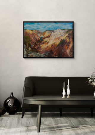 CanyonMagic by Eledina in a black frame above a dark sofa with white candlesticks
