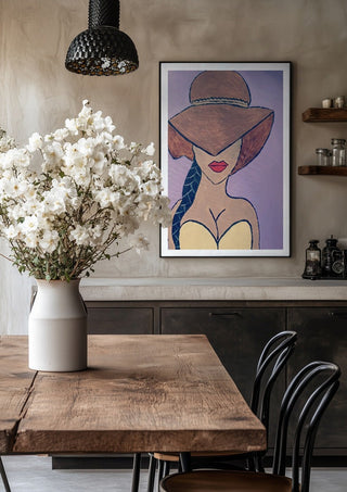 Shaded Allure by Bibi in a black frame above a rustic table with white flowers