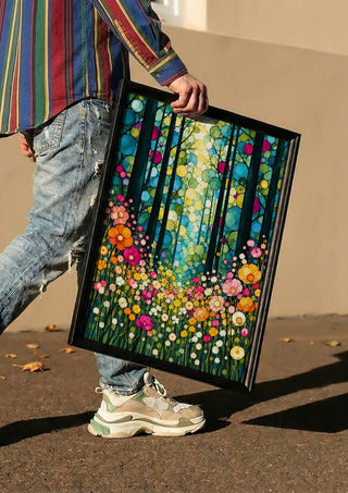 Stained Glass Forest by Yokohama carried in a black frame along a sunny street