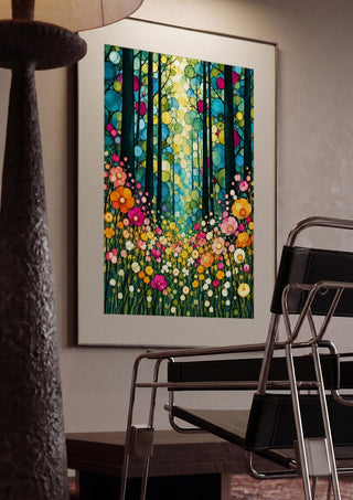 Stained Glass Forest by Yokohama framed in a dim room beside a tubular steel chair