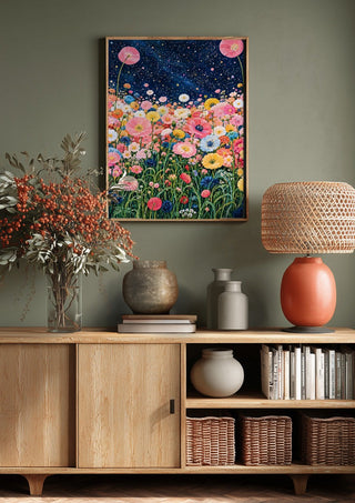 Starlit Flower Field by Yokohama above a wooden sideboard on a sage green wall