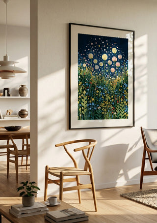 Meadow Under the Stars by Yokohama in a black frame in a bright dining room with wooden chairs