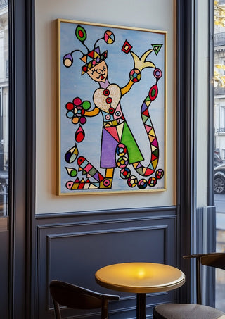 Figure with a Heart by Steffi Seiler in an oak frame on a panelled cafe wall