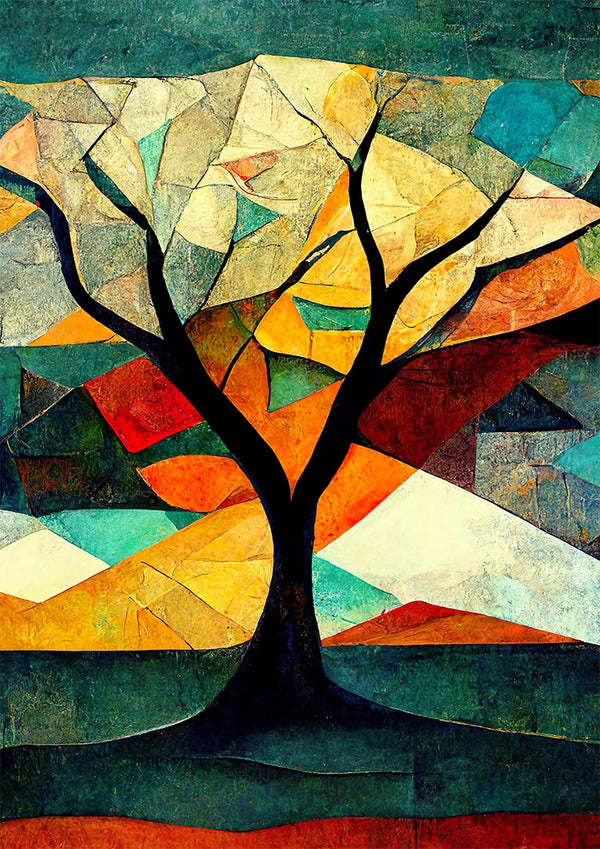Colorful abstract collage of a tree against geometric shapes, from Tree of Life Collage by Thomas Nordentoft.