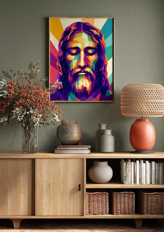 Jesus Face by nyai above a wooden sideboard on a sage green wall