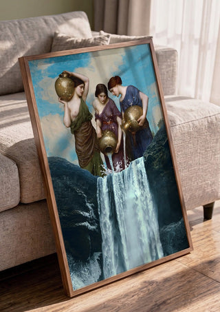 Magic Waterfall by Dikhotomy in a walnut frame leaning against a grey sofa