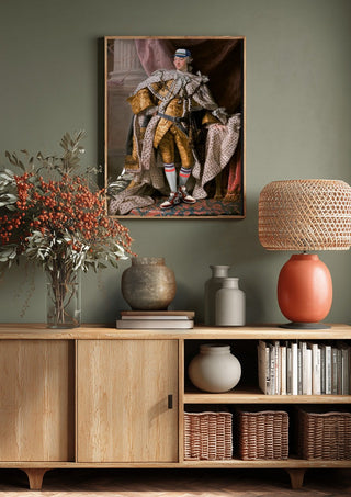 Cool King by Dikhotomy above a wooden sideboard on a sage green wall