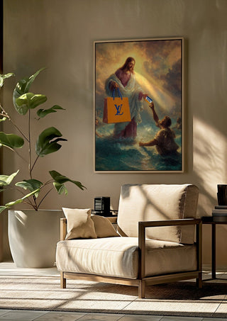 Divine Exchange by Dikhotomy framed above a beige armchair beside a potted plant