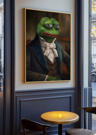 Sir Pepe by Dikhotomy in an oak frame on a panelled cafe wall