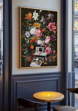 Floral Instant Photo by Dikhotomy in an oak frame on a panelled cafe wall