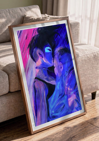 Embrace by Vanyay in a walnut frame leaning against a grey sofa