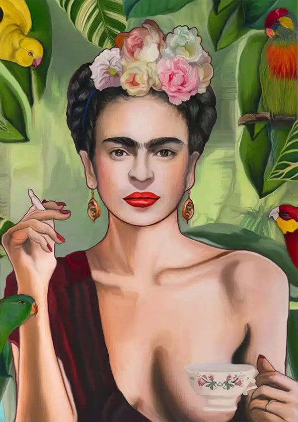 Painting of a woman with flowers in her hair, holding a teacup and cigarette, surrounded by tropical leaves and parrots.