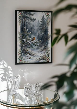 Mr Robin by KG Studio in a black frame above a glass table with crystal glassware