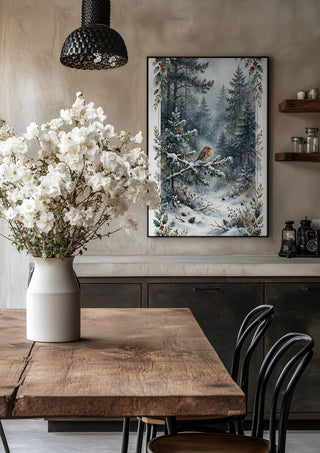 Mr Robin by KG Studio in a black frame above a rustic table with white flowers