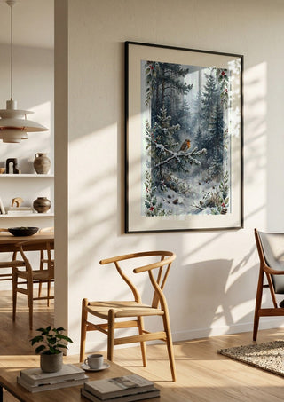 Mr Robin by KG Studio in a black frame in a bright dining room with wooden chairs