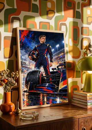 Max Verstappen F1 by Danii Steinfeldt in a wooden frame on a sideboard against retro patterned wallpaper
