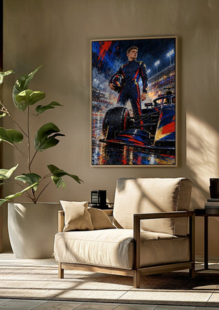 Max Verstappen F1 by Danii Steinfeldt framed above a beige armchair beside a potted plant
