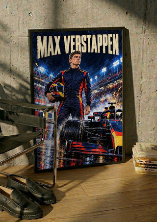 Max Verstappen by Danii Steinfeldt in a black frame leaning against a concrete wall by a steel chair