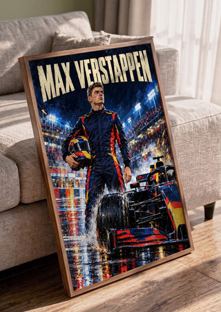Max Verstappen by Danii Steinfeldt in a walnut frame leaning against a grey sofa