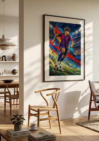 Lamine Yamal Barcelona by Danii Steinfeldt in a black frame in a bright dining room with wooden chairs