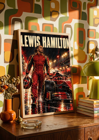 Lewis Hamilton by Danii Steinfeldt in a wooden frame on a sideboard against retro patterned wallpaper
