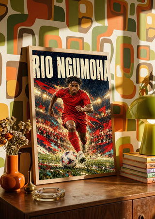 Rio Ngumoha by Danii Steinfeldt in a wooden frame on a sideboard against retro patterned wallpaper